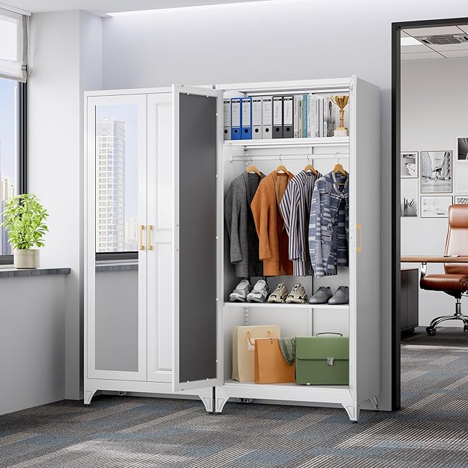SteeLoong Metal Wardrobe Cabinet with Hanging Rod, 71" Tall Armoire Wardrobe Closet with 2 Mirror Doors and Adjustable Shelves, White Clothing Storage Cabinets for Bedroom, Laundry Room