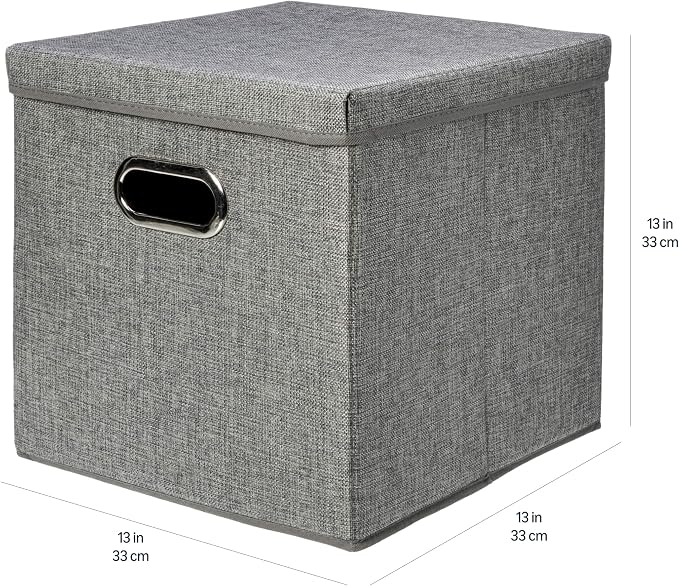 Amazon Basics Foldable Burlap Cloth Cube Storage Bins with Lid, Collapsible Organizing Containers, Stackable and Sturdy, Gray, Set of 2 - Image 5