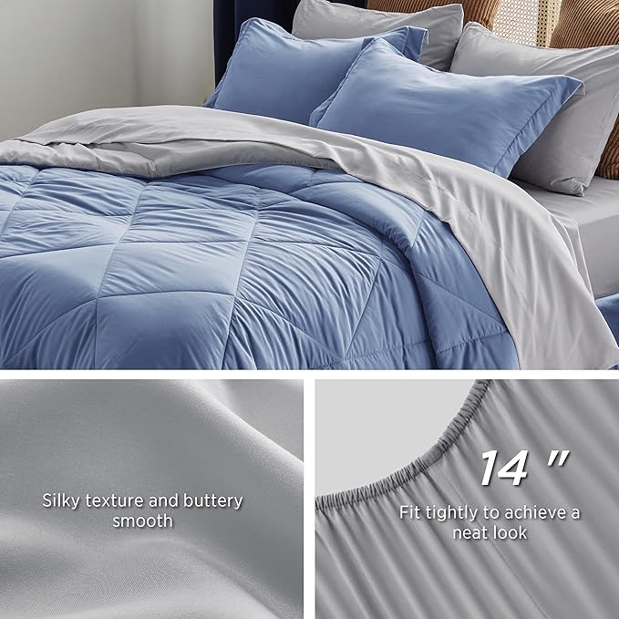 Bedsure Twin XL Comforter Set - 5 Pieces Reversible Twin XL Bed in a Bag, Infinity Blue and Grey with Comforters, Sheets, Pillowcase & Sham