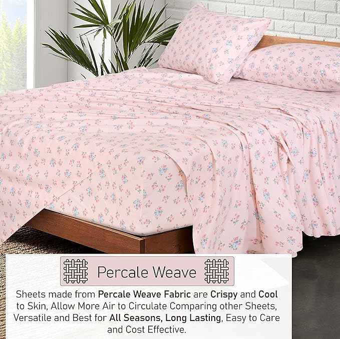 RUVANTI 100% Cotton Sheets – King Size Percale Bedding, Cooling & Breathable Floral Design, Durable with a Crisp, Soft & Comfortable Feel, 16" Deep Pocket, 4-Piece Set, Spring On