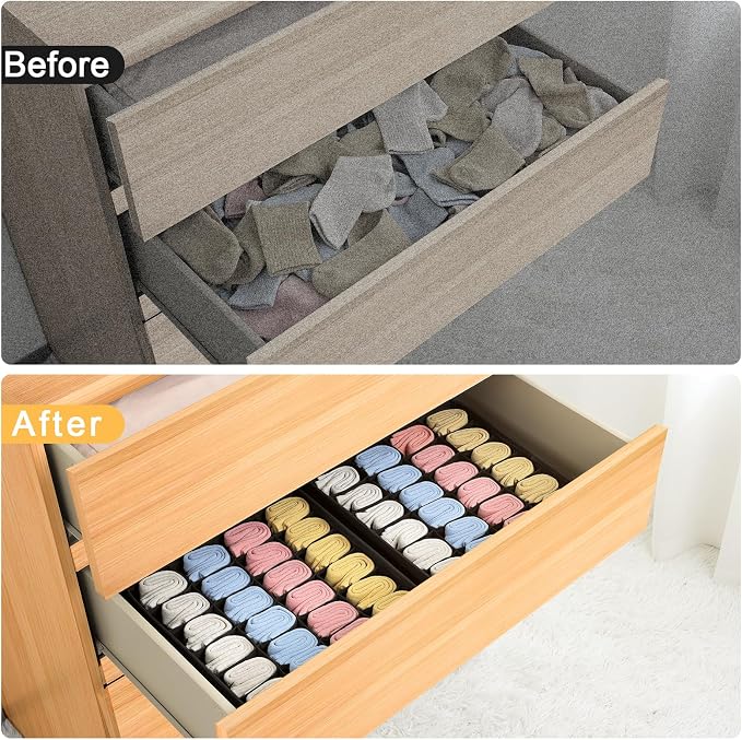 Joyoldelf Sock Drawer Organizer Divider Underwear Organizer 24-cell Fabric Dresser Drawer Organizers Storage Boxes for Socks Lingerie, Handkerchiefs, Ties 4 Pack (Black) - Image 7