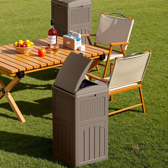 Devoko 33 Gallon Outdoor Trash Can with Dual Lid, Heavy Duty Waterproof Resin Garbage Bins Outside, Hideaway Waste Bins for Patio, Outside Pool, Backyard and Deck (2, Brown) - Image 4