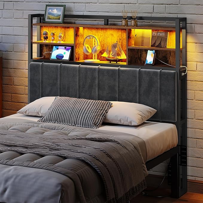 Hzuaneri Headboard with 3-Tier Storage Shelves, Velvet Upholstered Head Board with 2 Outlets, USB Ports & LED Light, Soft Backrest for Full Size Bed, Rustic Brown and Black BH13801B