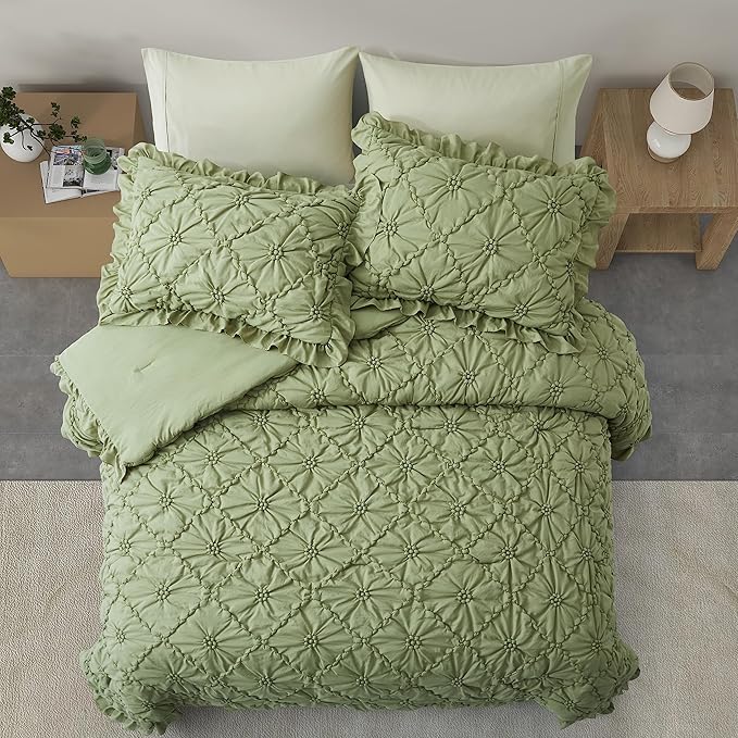 BEDAZZLED King Size Comforter Sets, Green Bedding Comforter Set, 3 Pieces Pinch Pleat Bedding Sets with Comforter and Pillowcases Soft Farmhouse Shabby Chic Comforter for All Season