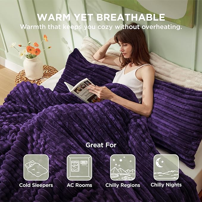 Bedsure King Comforter - GentleSoft™ 3 Pieces Double-Side Fleece Fluffy Purple Comforter Set, Cozy Striped Room Decor Aesthetic, Luxury King Size Bedding with 2 Pillowcases, 104x90 Inches