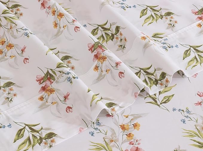 RUVANTI 100% Cotton Sheets – Twin Size Percale Bedding, Cooling & Breathable Floral Design, Durable with a Crisp, Soft & Comfortable Feel, 16" Deep Pocket, 3-Piece Set, Floral Bliss