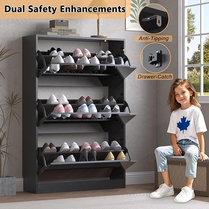 BORNOON Shoe Cabinet with 3-Flip Mirror Drawers, Freestanding Shoe Rack Organizer with Hidden Handle, Slim Narrow Shoe Storage Cabinet for Entryway, Entrance, Hallway, Bedroom - Image 6