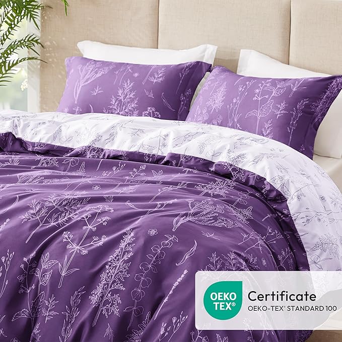 Love's cabin Dark Purple Full Comforter Set - Full Size Comforter Set, 3 Pieces Cute Floral Bedding Sets for All Seasons,1 Soft Reversible Botanical Flowers Comforter and 2 Pillow Shams
