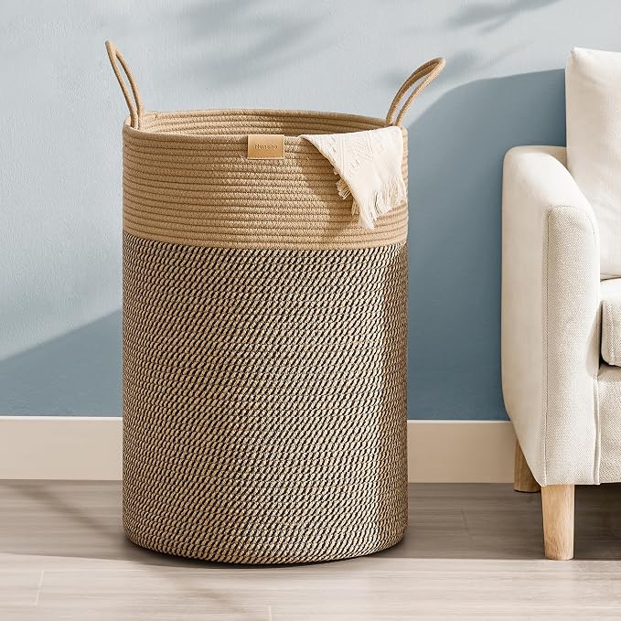 Nunsino Laundry Hamper 75L,Large Laundry Basket for Clothes,Decorative Storage Basket for Blankets,Cotton Rope Woven basket for bedroom,Dark Brown by Nunsino