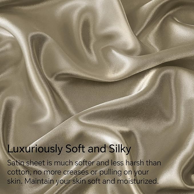 BEDELITE Satin Sheets Queen Size Bed Set, Luxury Soft Taupe Silky Sheets for Hair and Skin, Similar to Silk Bed Sheets Set 4 Pieces with 1 Deep Pocket Fitted Sheet, 1 Flat Sheet, and 2 Pillowcases