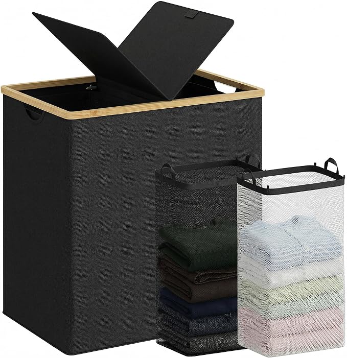efluky Laundry Hamper with Lid, Double Laundry Hamper with 2 Removable Bags, 2 Section Laundry Basket with Bamboo Handles for Bathroom, Bedroom & Laundry Room, 140L (36.9 Gallon) Black by efluky