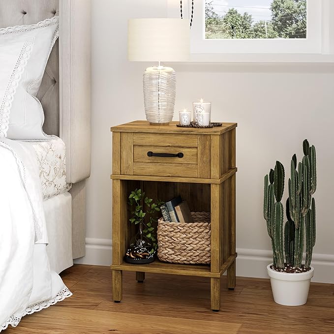 Farmhouse Nightstand with Drawer, Small Wood Bedside Table, Small Rustic Side Table, Modern End Table with Drawer, Wooden Walnut Brown Night Stand for Bedroom LET512DR