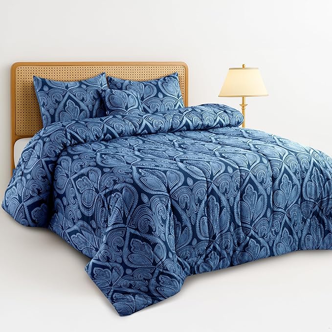 LUX Décor Reversible 5pc Queen Comforter Set, Printed Bedding Set, Microfiber Bed in a Bag, Includes 1 Comforter, 2 Pillow Shams, 1 Decorative Pillow & 1 Bed Skirt (Paisley Navy,Queen)