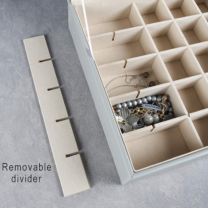 Frebeauty Earring Organizer Classic Jewelry Box 50 Slots Double Layer Jewelry Storage Case with 6 Necklace Hook and Bracelet Pocket(Grey) - Image 5