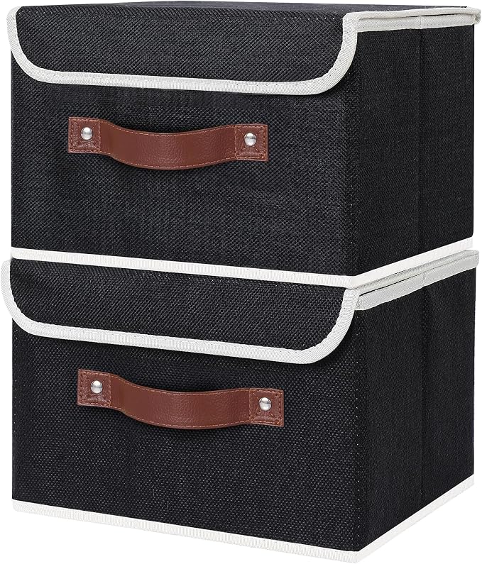 ANMINY 4PCS Storage Bins with Lid PU Leather Handles Storage Boxes PP Plastic Board Decorative Foldable Lidded Cotton Linen Fabric Home Cubes Baskets Closet Organizer Containers - Black, Small Size - Image 7