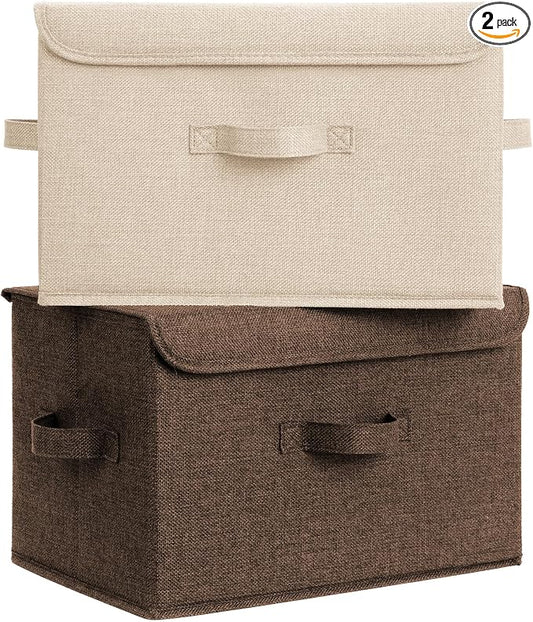 GRANNY SAYS Stoarge Basket with Lid, Decorative Storage Boxes, Closet Storage Bins for Clothes, Collapsible Stackable Organization, Khaki&Brown, 2-Pack by GRANNYSAYS
