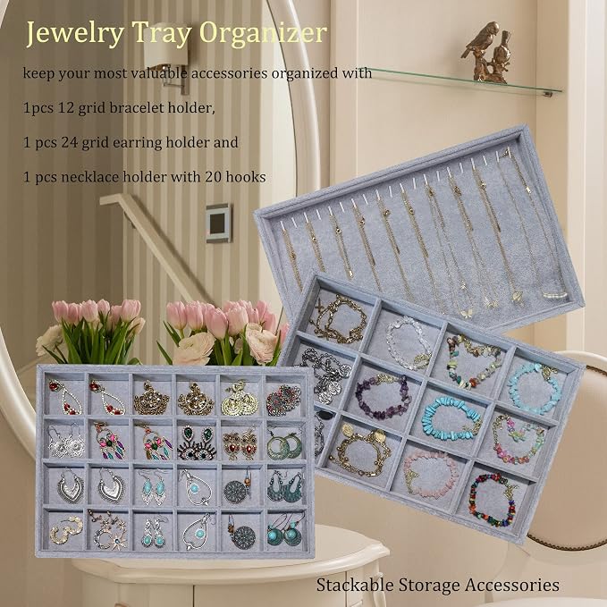 Stratalife Set of 3 Stackable Jewelry Organizer Tray Earring Display Trays Drawer Organizer Inserts Accessory Storage Grey - Image 2