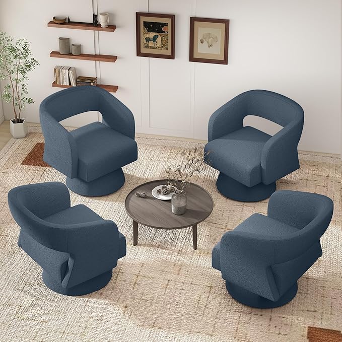 Nebuaegis Swivel Accent Chair Set of 4, Modern Comfy Teddy Barrel Chairs, Oversized Upholstered Round Arm Chair for Living Room, Bedroom, Reading Room, Blue