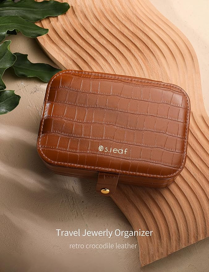 S.Leaf Travel Jewelry Organizer Boxes for Women Small Portable Necklace Earrings Bracelet Rings Travel Case Best Friend Birthday Gifts for Women Trendy (16_Crocodile_Brown_Big) - Image 2