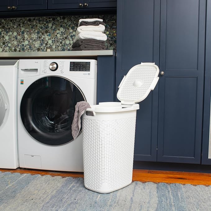 Mind Reader Slim Laundry Hamper with Lid, 60L Tall Clothes Basket, Narrow Tapered Design for Bathrooms, Closets and Laundry Rooms, Plastic, White - Image 2