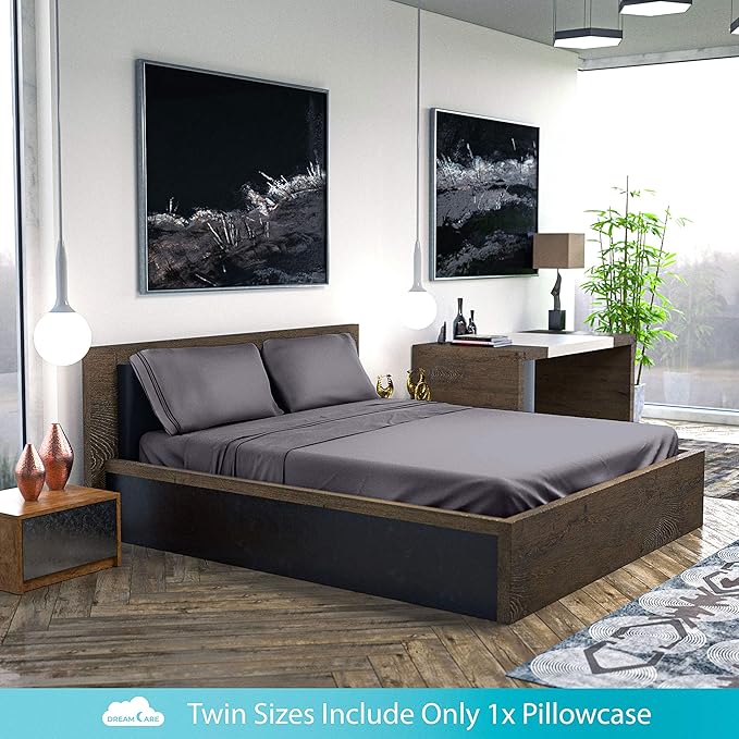 DREAMCARE Twin Sheets - 3 pcs Breathable Cooling Bed Sheets - up to 15" Deep Pocket Twin Bed Sheets with Side Pockets - Extra Soft 100% Brushed Hypoallergenic Hotel Luxury Bedding - Gray