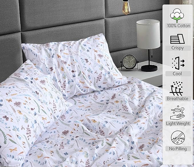 RUVANTI 100% Cotton Sheets – California King Percale Bedding, Cooling & Breathable Floral Design, Durable with a Crisp, Soft & Comfortable Feel, 14" Deep Pocket, 4-Piece Set, Fern Class