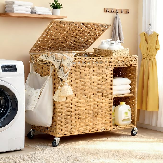 Laundry Hamper with Lid, 160L Rattan Wicker Laundry Basket with Wheels, Handwoven Laundry Hamper 2-Section with Storage shelf(42.3 Gal), Laundry Sorter Basket with Removable Liner, Natural HLH032N by HEYBLY