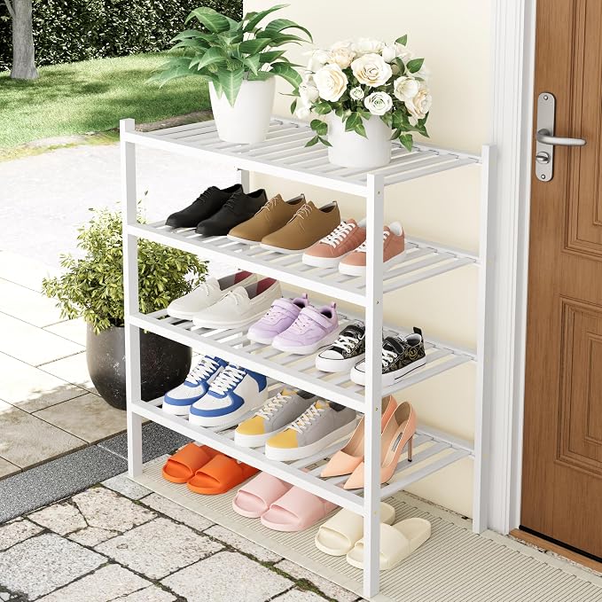 Smiry Shoe Rack, 4 Tier Thick Bamboo Shoe Organizer, Stackable Free Standing Wooden Shoe Storage Shelf for Closet, Entryway, Front Door Entrance, White - Image 7