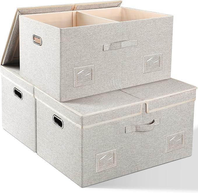 Graciadeco 75 Quarts Extra Large Decorative Storage Bins with Lids, 3 Packs Beige Collapsible Storage Bins with Lids, Stackable Storage Bins Decorative Box Storage With Lid Extra Large by GraciadecoStorage