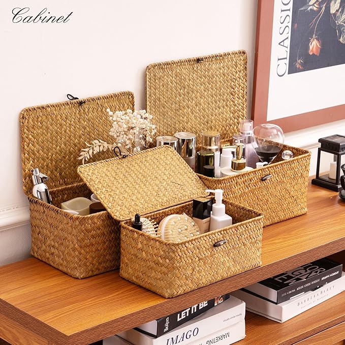 Nonam Storage Basket with Lid, Natural Seagrass Bin with Lid Set of 3, Shelf Baskets Multipurpose Container for Boho Decoration, Rectangular Household Storage Boxes for Home Organization-Natural - Image 6