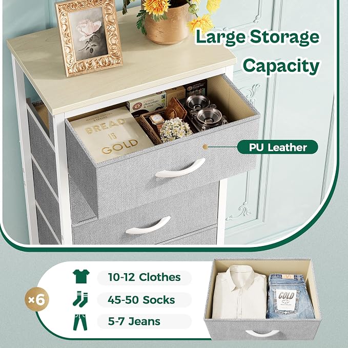 Huuger 43.3 Inch Tall Dresser for Bedroom, 6 Drawer Night Stand & Chests of Drawers, Fabric Dresser for Closet, Bedroom, Nightstand, End Table with Metal Frame, Storage Tower with Fabric Bins, Grey - Image 7