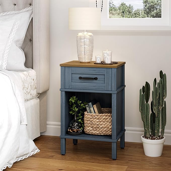 Small Farmhouse Nightstand, Wood Night Stand Set, End Table with Drawer, Small Rustic Wooden Bedside Table, Bed Side Table for Bedroom, Blue end Table with Storage for Bedroom LET512LR