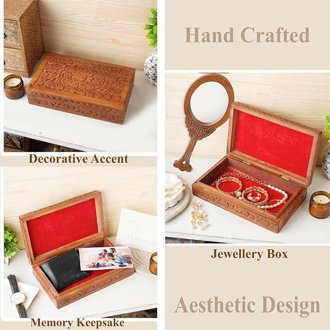 Ajuny Wooden Handcarved Decorative Jewelry Storage Box Flower Design Multipurpose Treasure Chest Keepsake Organizer Necklaces Watch Boxes Great for Gifts 10x6 Inch - Image 2
