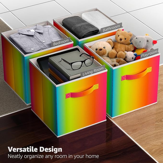 Sorbus 11 Inch Fabric Storage Cubes - Sturdy Collapsible Storage Bins & Handle - 6 Foldable Baskets for Organizing Clothes - Multi Colored Storage Baskets for Shelves (Colorful, 11 Inch) - Image 5