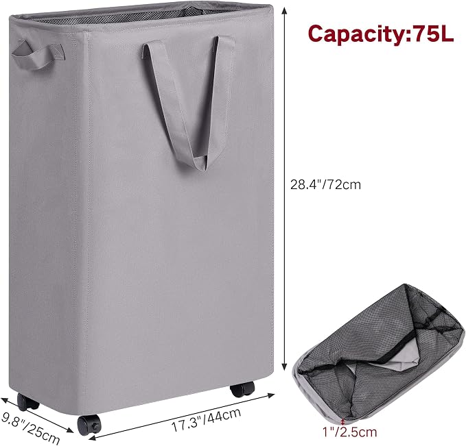 efluky Slim Laundry Hamper with Wheels, Rolling Laundry Basket for Clothes, Small Laundry Basket for Bedroom, Dorm and Laundry Room, 75L (19.8 Gallons) Grey - Image 2