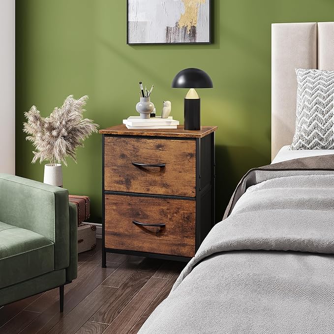 WLIVE Night Stand, Small Dresser with 2 Drawers & Wooden Top, Nightstand with Fabric Bins, Bedside Table End Table for Bedroom, Closet, Entryway, College Dorm, Rustic Brown