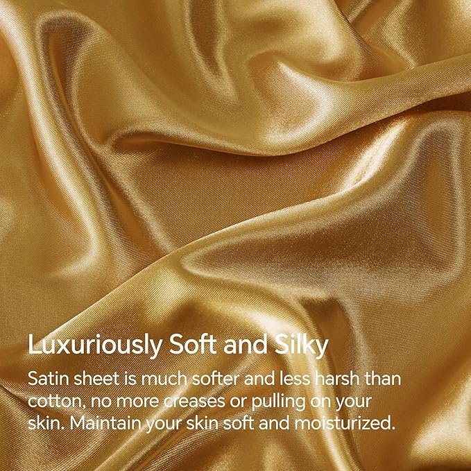 BEDELITE King Size Sheets Set, Luxury Soft Gold Satin Sheets for Hair and Skin, Similar to Silk Bed Sheets Set 4 Pieces with 1 Deep Pocket Fitted Sheet, 1 Flat Sheet, and 2 Pillowcases
