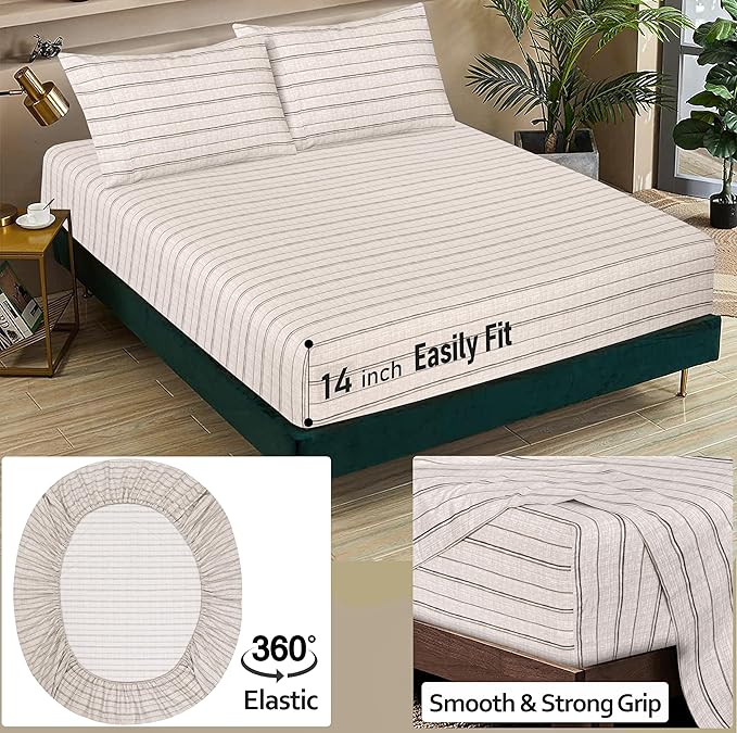 RUVANTI 100% Cotton Sheets – California King Percale Bedding, Cooling & Breathable Floral Design, Durable with a Crisp, Soft & Comfortable Feel, 14" Deep Pocket, 4-Piece Set, Brown Stripes