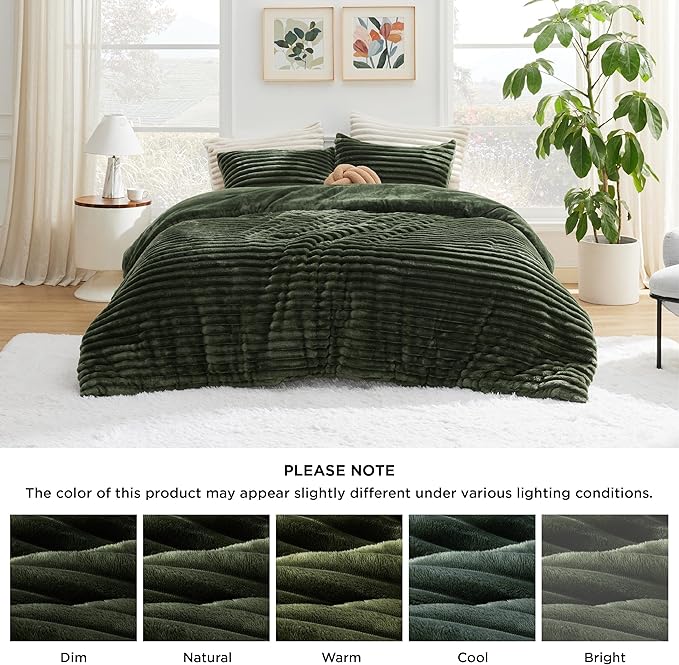 Bedsure Comforter Set Queen Size - GentleSoft™ 3 Pieces Double-Side Fleece Fluffy Olive Green Comforter Set, Cozy Striped Room Decor Aesthetic, Luxury Bedding Queen Size, 2 Pillowcases, 90x90 Inches