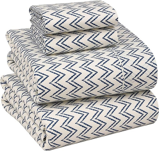 RUVANTI 100% Cotton Sheets – Queen Size Percale Bedding, Cooling & Breathable Floral Design, Durable with a Crisp, Soft & Comfortable Feel, 16" Deep Pocket, 4-Piece Set, Chevron