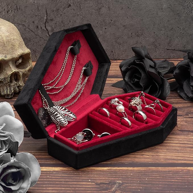 Velvet Coffin Jewelry Travel Case Holder for Gothic Wedding Ceremony Jewelry Organizer Decoration (Black and Red) - Image 6