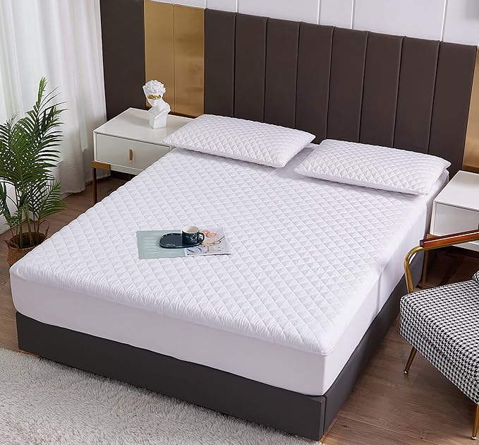 King Size Waterproof Mattress Protector, Quilted Cooling Fitted Bed Mattress Cover Pad, 13"-15" Deep Pocket, Soft and Breathable Noiseless Machine Washable, Vinyl Free (King)