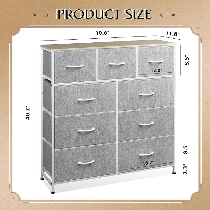 WLIVE 9-Drawer Dresser, Fabric Storage Tower for Bedroom, Hallway, Entryway, Closet, Tall Chest Organizer Unit with Fabric Bins, Steel Frame, Wood Top, Easy Pull Handle, Light Grey - Image 3