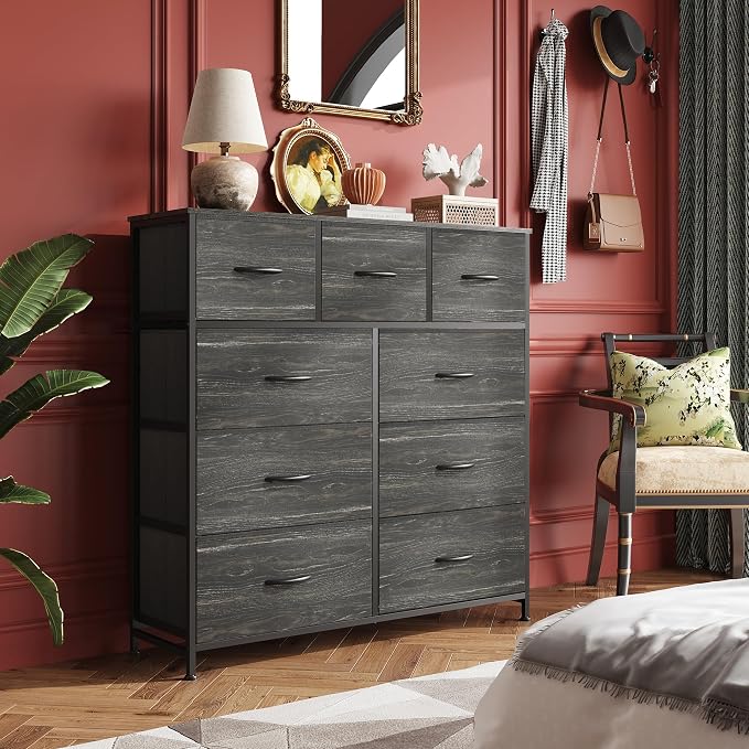 WLIVE 9-Drawer Dresser, Fabric Storage Tower for Bedroom, Entryway, Closet, Tall Chest Organizer Unit with Fabric Bins, Steel Frame, Wood Top, Easy Pull Handle, Charcoal Black Wood Grain Print - Image 4