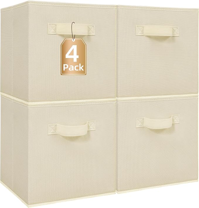 STORAGE MANIAC Storage Cubes, 11 Inch Collapsible Storage Bins with Handles, 4 Pack Fabric Foldable Bins for Organization, Durable Storage Bins for Closet, Shelves, Offices, Toys, 4-Pack Beige by STORAGEMANIAC