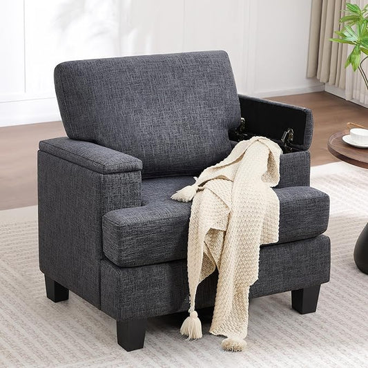 Accent Chair for Living Room, Modern Upholstered Reading Chairs with Armrest Storage, Comfy Large Armchair, Fabric Single Sofa Chair for Bedroom (Dark Grey)