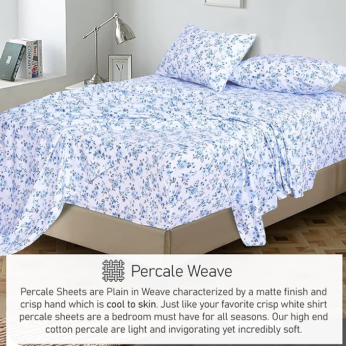 RUVANTI 100% Cotton Sheets – King Size Percale Bedding, Cooling & Breathable Floral Design, Durable with a Crisp, Soft & Comfortable Feel, 16" Deep Pocket, 4-Piece Set, Annual