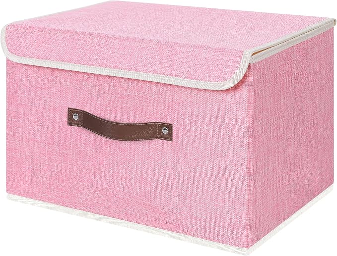ANMINY Storage Bin with Lid Storage Boxes with PU Leather Handles PP Plastic Board Decorative Foldable Lidded Cotton Linen Fabric Home Cubes Baskets Closet Organizer Container - Pink, Large Size by ANMINY