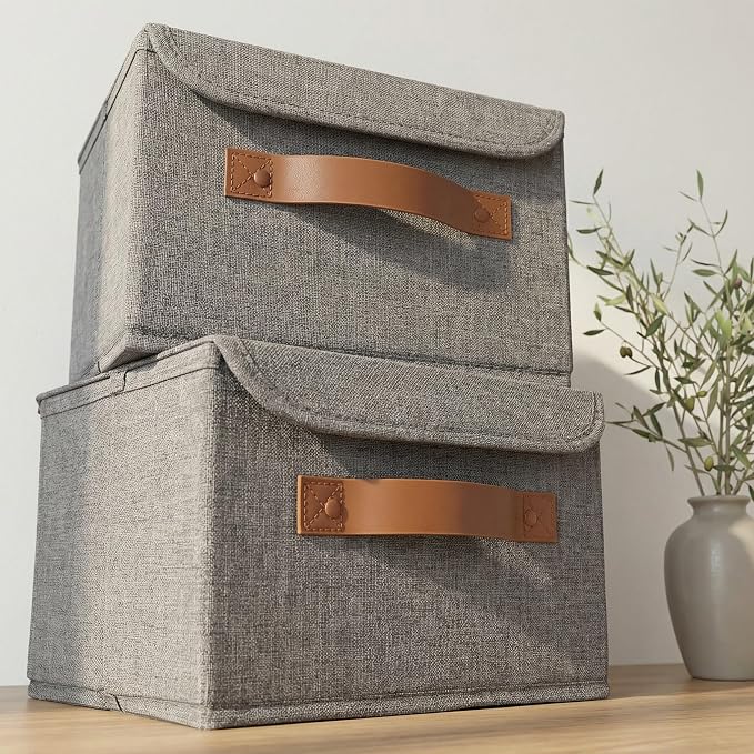 Decorative Linen Storage Boxes with Lids - Spacious Set of 2 Organizer Bins for Your Home Decor - The Perfect Small Container to Safely Store Photos, Documents and Memory Box Keepsakes in Style by ZICOTO