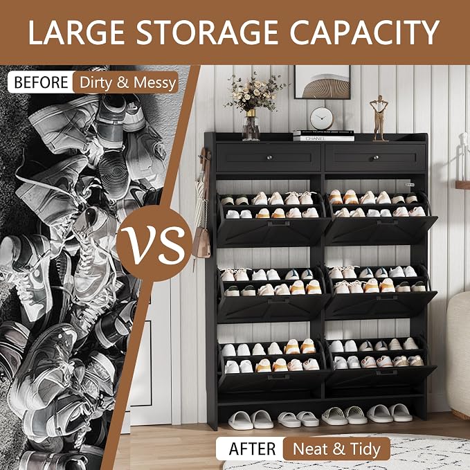 Shoe Cabinet with 6 Flip Drawers & 2 Top Drawers, 57" Tall Freestanding Narrow Wooden Shoe Storage Organizer for Entryway, Hidden Slim Shoe Rack for Front Door Entrance, Hallway, Living Room, Black - Image 7